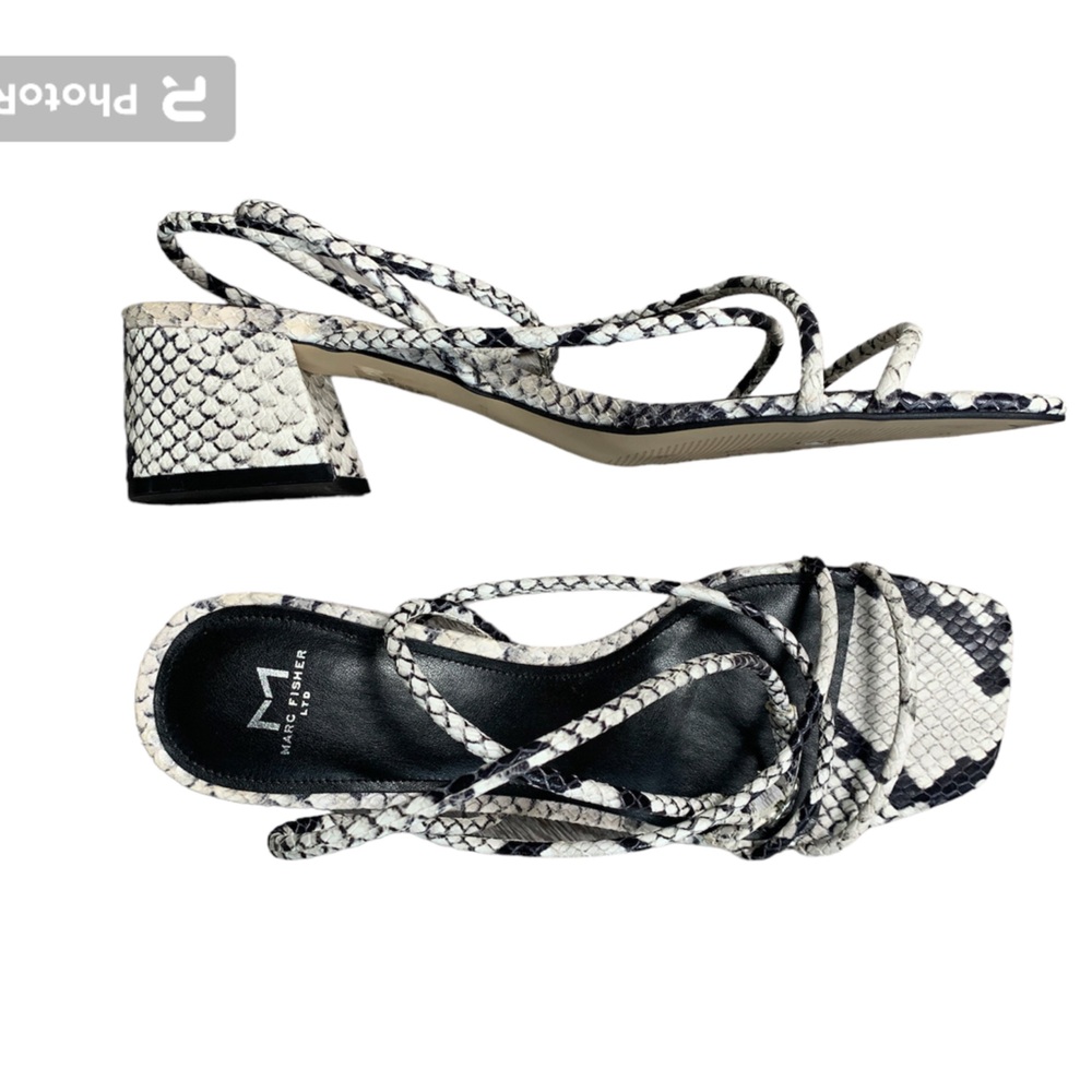 Marc Fisher Jared Snake Print Ankle Strap Square Toe Block Heel Sandals 9.5M